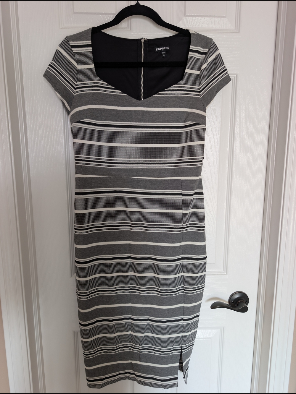 Express Gray and White Striped Midi Sheath Dress
